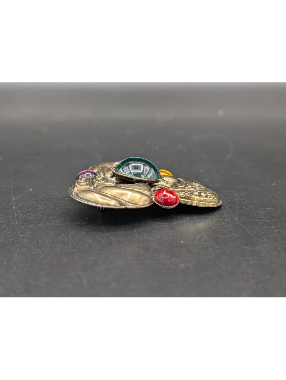 Vintage Art Deco Revival Brass Trefoil Brooch Emerald Red Yellow Glass Cabochon